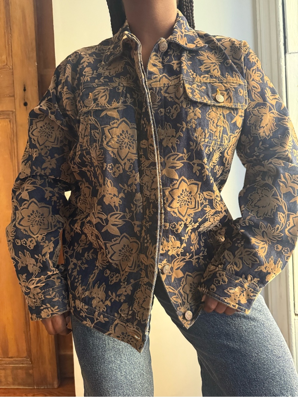 Vintage 90s Bill Blass Flocked Floral Blue Denim Jacket M